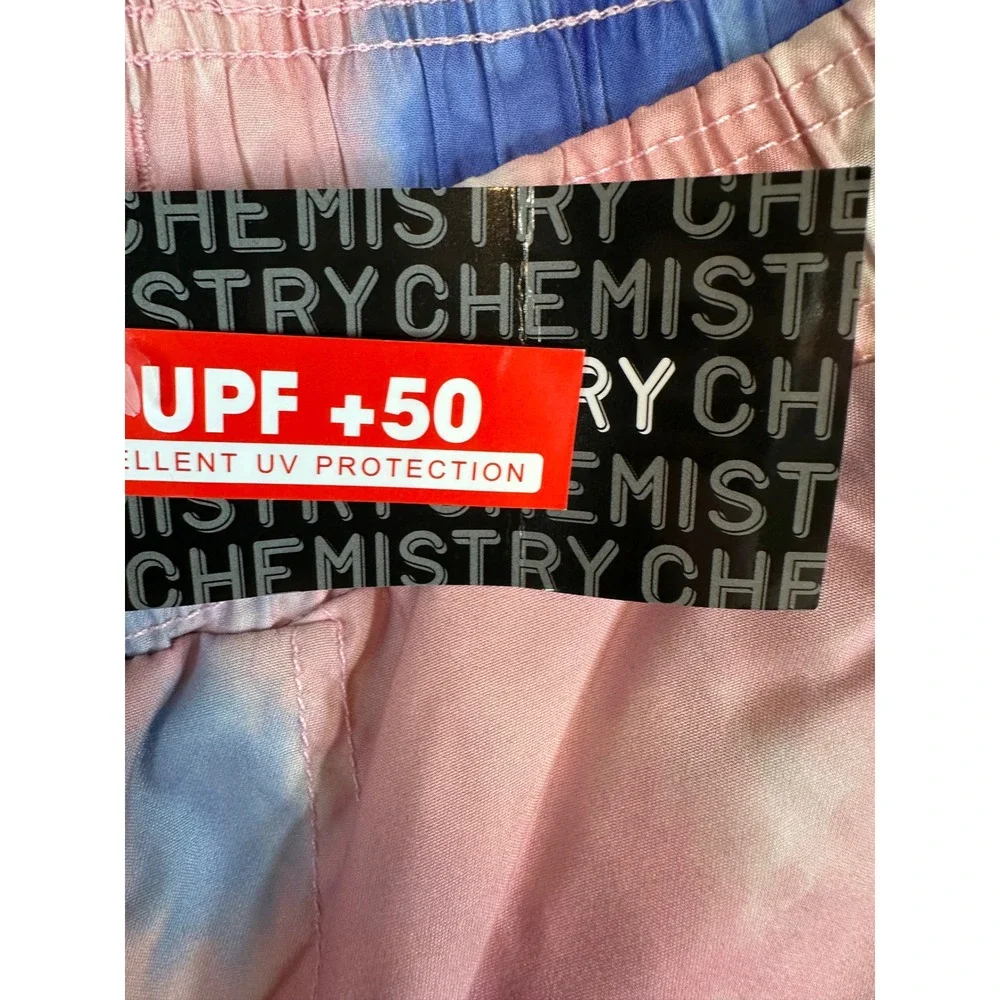 Chemistry Mens Tie Dye Skeleton Surfer Board Shorts Pink Blue UPF 50 Small NEW